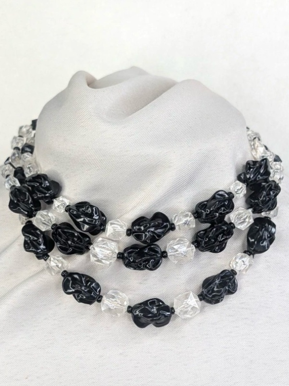 Vintage MCM Necklace Germany stamp chunky Black & faceted clear pebble beads